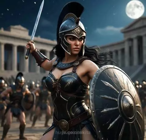 Amazon warrior woman in detailed armor holding a sword and shield, with a moonlit background and other warriors.