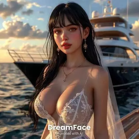 Animated bride with dark hair in a sheer white outfit and veil on a yacht deck at sunset, with the ocean in the background.