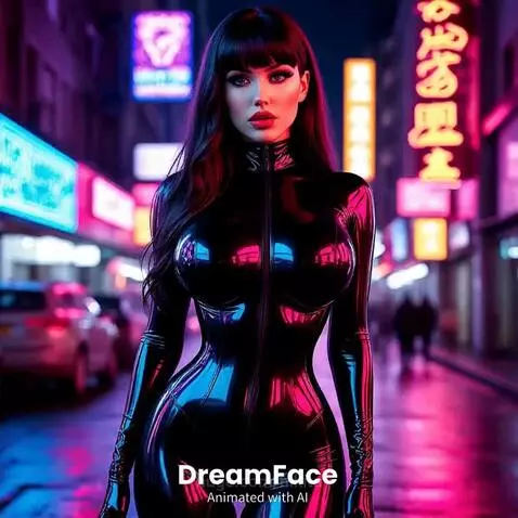 Woman in a black catsuit on a futuristic motorcycle with neon accents, city street at night.