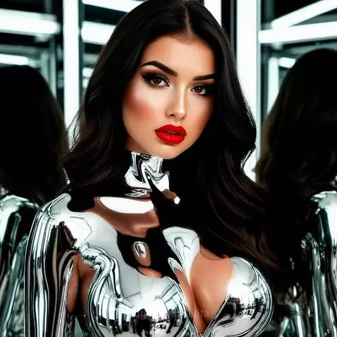 Close-up of a woman with dark wavy hair, red lipstick, and winged eyeliner, wearing a metallic silver dress, smiling.