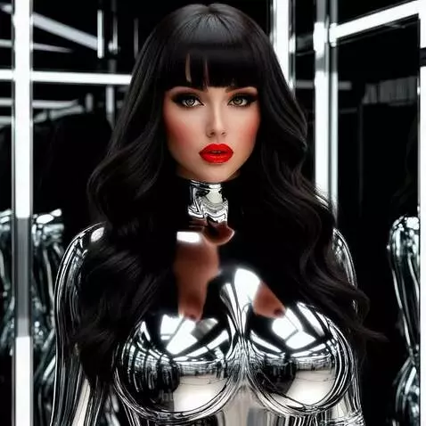 Woman with long dark wavy hair and bangs, wearing a shiny silver metallic top, with bold makeup and red lipstick, smiling.