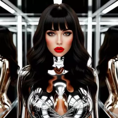 Woman with dark wavy hair, red lipstick, and metallic silver top in a mirrored room with white lights.