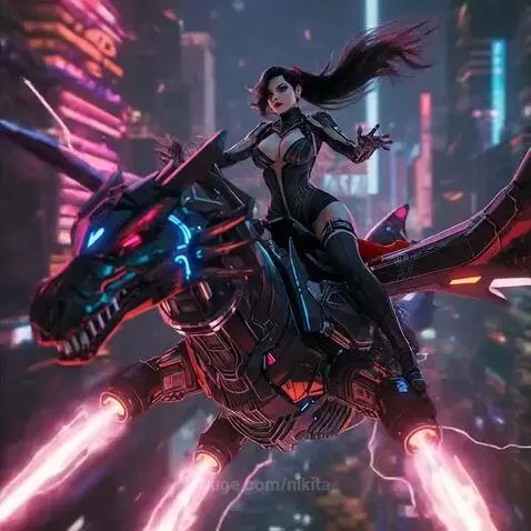 Woman in a black outfit riding a mechanical dragon with glowing blue and red lights through a futuristic city at night.