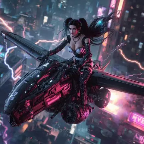 Woman with dark hair in pigtails riding a futuristic black flying vehicle over a neon cyberpunk city.