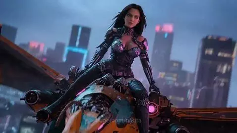 Woman with dark hair in a futuristic outfit rides a teal and orange mechanical dragon with large wings through a neon cityscape.