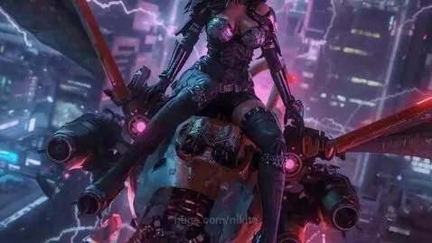 Woman with dark hair in a futuristic outfit rides a teal and orange mechanical dragon with large wings through a neon cityscape.