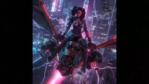 Woman in futuristic armor piloting a mechanical dragon through a neon cyberpunk city at night.