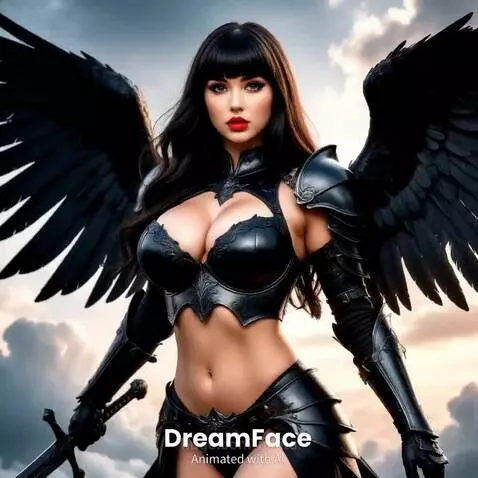 Warrior woman with black wings and sword battles a demon in a fiery, apocalyptic landscape.