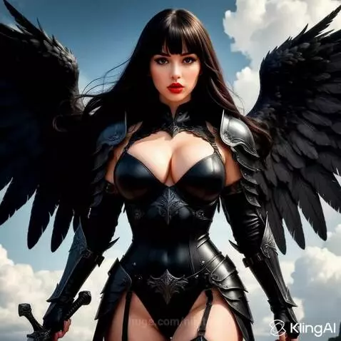 Dark-haired woman with large black wings and a fiery sword, in a revealing outfit, battling a shadowy creature.