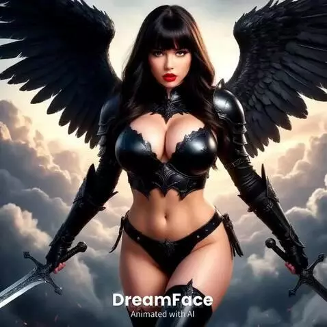 Female warrior with black wings and swords in aerial combat, sparks flying.