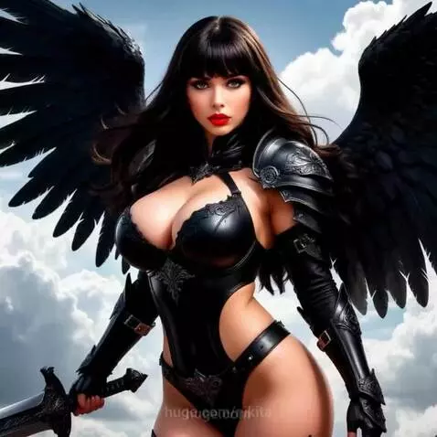 Fantasy warrior angel with black wings and leather outfit in aerial combat with a sword.
