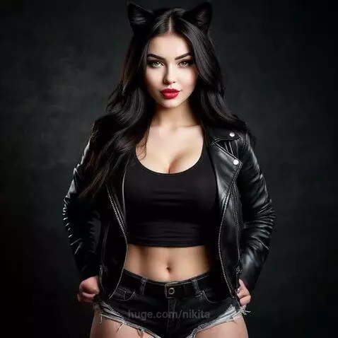 Woman with long dark hair, cat ears, black leather jacket, and denim shorts looking at the camera.