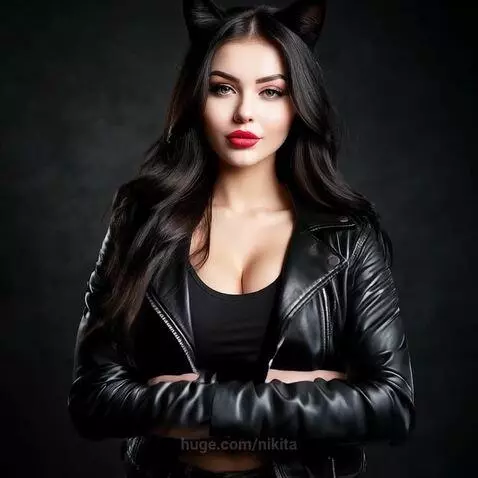 Woman with long dark hair, cat ears, black leather jacket, and denim shorts looking at the camera.