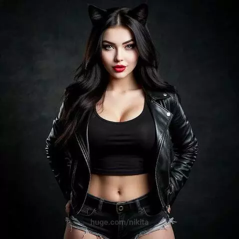 Woman with long dark hair, cat ears, black leather jacket, and denim shorts looking at the camera.