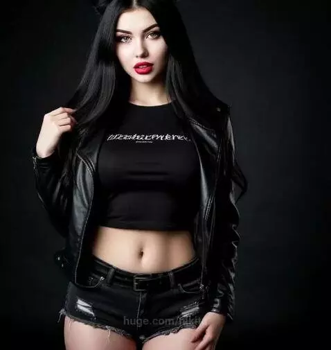 Woman with long dark hair and cat ears, wearing a black crop top and leather jacket, smiles at the camera.