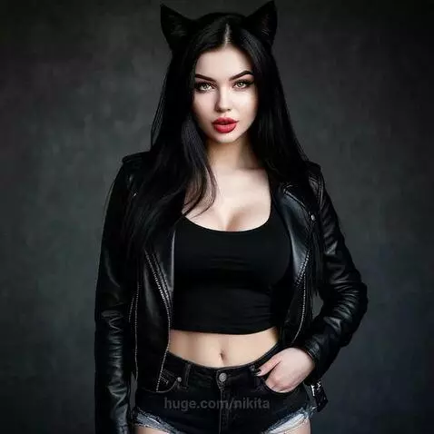 Woman with long black hair, black cat ears, green eyes, and red lipstick wearing a black leather jacket and ripped shorts.