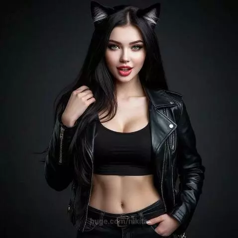 Woman with dark hair, green eyes, and red lipstick wearing black cat ears and a leather jacket, posing.