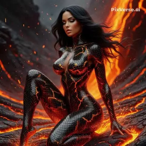 Woman with long dark hair and glowing orange eyes in a black and orange lava suit, crouching on cracked earth with lava.