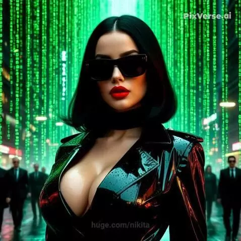 Woman with black hair, sunglasses, and red lipstick in a shiny black trench coat, performing a high kick in a futuristic city with green digital rain.