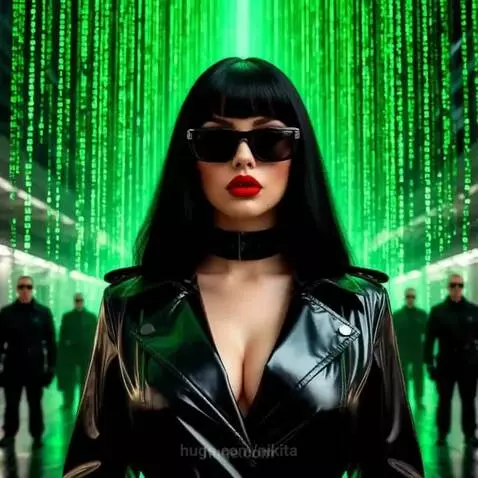 Woman in leather jacket and sunglasses running through a futuristic city with digital code and explosions.