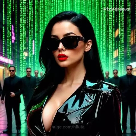 Woman in black leather with sunglasses and red lipstick, standing in green digital rain, victorious over fallen men.