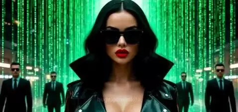 Woman in black leather jacket and sunglasses fighting men in suits with digital rain background.