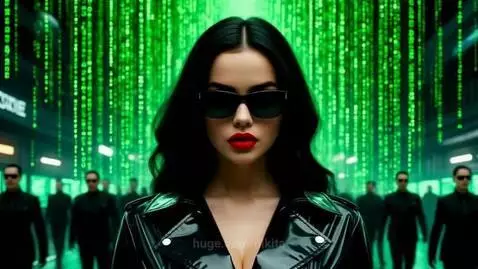 Woman with sunglasses and leather jacket in Matrix-style setting, firing a handgun and fighting men in suits.