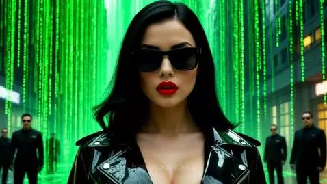 Woman in black leather with sunglasses and Matrix-style green code falling around her, engaging in a fight.