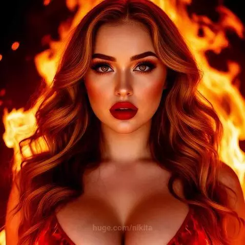 Woman with long wavy reddish-brown hair and dramatic makeup, looking at the camera with orange flames in the background.
