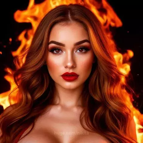 Close-up of a woman with wavy reddish-brown hair, dramatic eye makeup, red lipstick, and orange flames in the background.