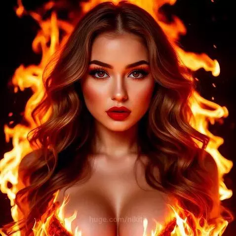 Woman with long auburn hair, red lipstick, and dramatic eye makeup, engulfed in bright orange and yellow flames.