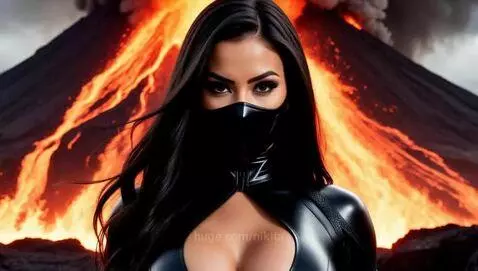 Woman with dark hair in a black outfit and mask, fighting a lava monster with volcanoes erupting behind her.
