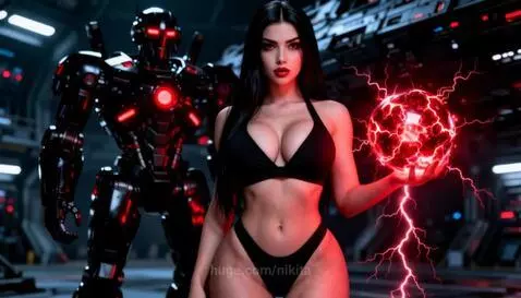 Woman in black bikini holding glowing red orb, standing before a large robot with red eyes.