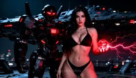 Woman in black bikini with red orb and lightning next to a large black robot with red glowing accents, futuristic city and spaceship background.