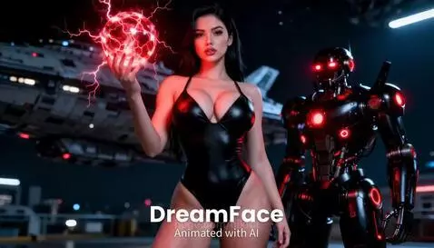Woman in black bodysuit holding glowing red orb, with a futuristic robot and spaceship in sci-fi setting.