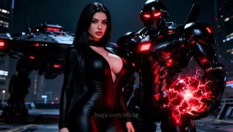 Woman in black leather suit with a robot holding an energy sphere, fighting a large robot in a futuristic city at night.
