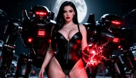 Woman in a black bodysuit fighting dark robots with glowing red accents in a desolate, moonlit landscape.
