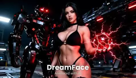 Woman in black bikini holding a glowing red orb, with a dark robotic figure with red eyes behind her in a sci-fi environment.