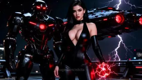 Woman with dark hair in a black leather outfit generating red electrical energy, facing a dark robot with glowing red eyes.