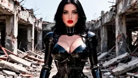 Alita with dark hair and red lipstick in a black outfit fights a large metallic robot, Megatron, in a ruined city.