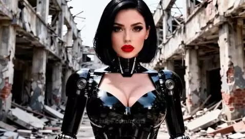 Female cyborg in a black suit fighting a large robot resembling Megatron amidst city ruins.