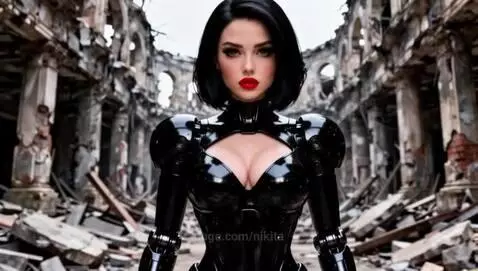 Alita in a black suit fighting a large silver robot named Megatron in a ruined building.