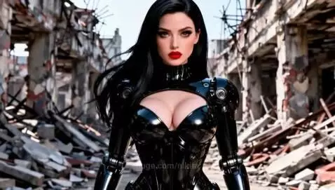 Woman with black hair and outfit fighting a large silver robot in a ruined urban setting.