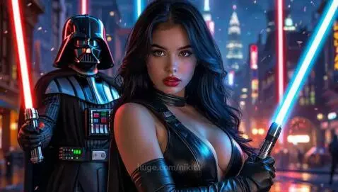 Woman with dark hair in a black outfit battles Darth Vader with lightsabers on a wet city street at night.