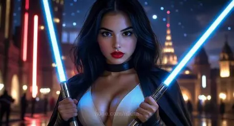 Woman with long dark hair, red lipstick, and a black cape holding two glowing blue lightsabers in a city at night.