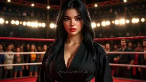 Female martial artist in gi facing male fighter in boxing ring, ready for combat.