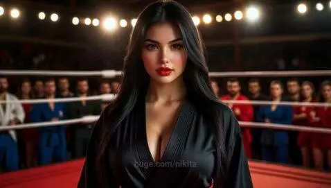 Man and woman in black martial arts uniforms fighting in a boxing ring, woman with long dark hair and red lipstick.