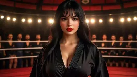 Woman in black gi and man in black tank top facing off in a boxing ring for a martial arts fight.