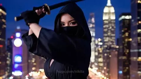 Woman in black hooded robe and mask holding a katana, with a blurred city skyline at night in the background.