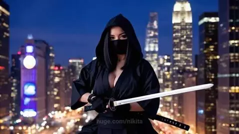 Woman in black hooded robe and mask holding a katana, with a blurred city skyline at night in the background.